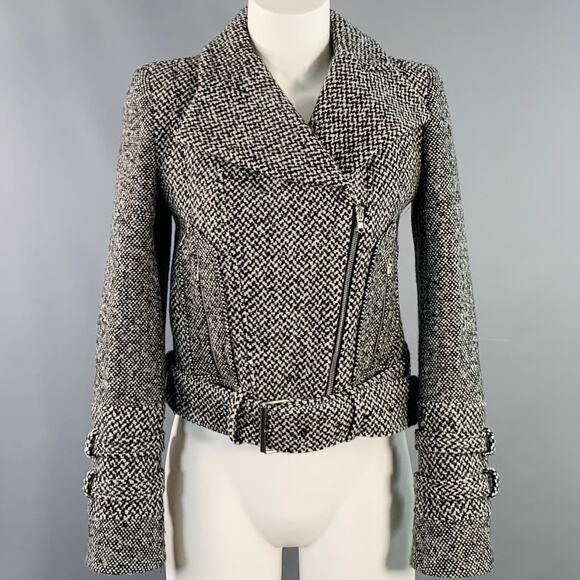 Carven Jackets & Blazers - CARVEN Size M Grey Black Wool Blend Tweed Zip Up Belted Biker Jacket